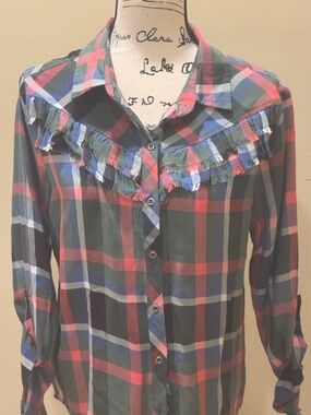 Billy T Plaid Button Down Shirt Fringe Yoke Western Boho Top